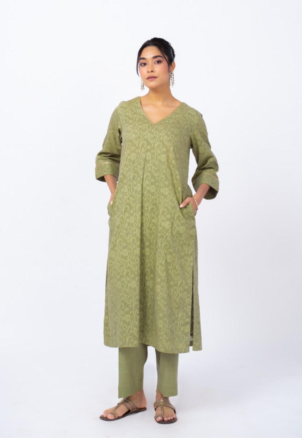 Piya Green Floral Cotton Straight Kurta Suit Set with Printed Dupatta (Set of 3)
