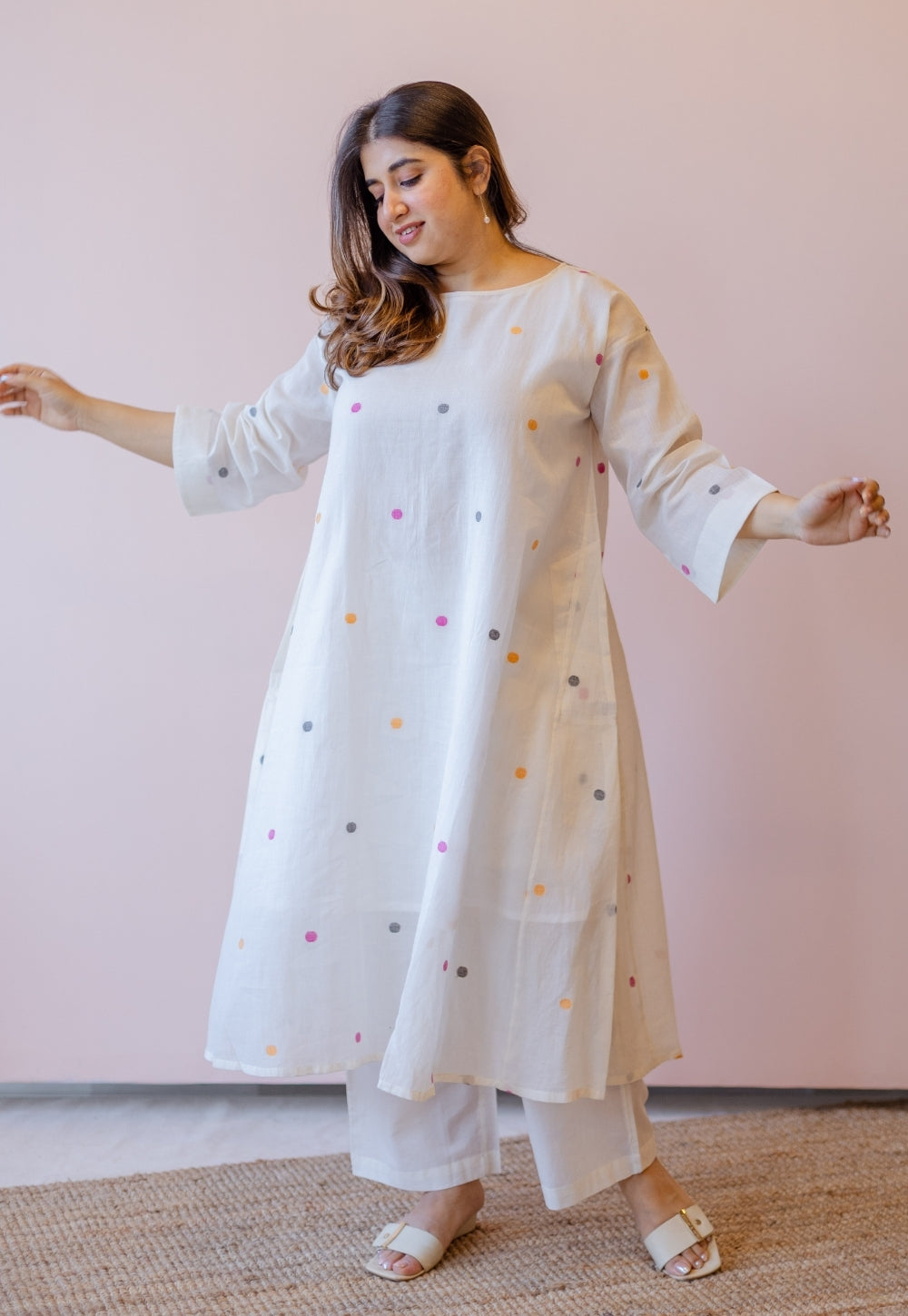Kusum Off White Jamdani Handloom Cotton A Line Kurta