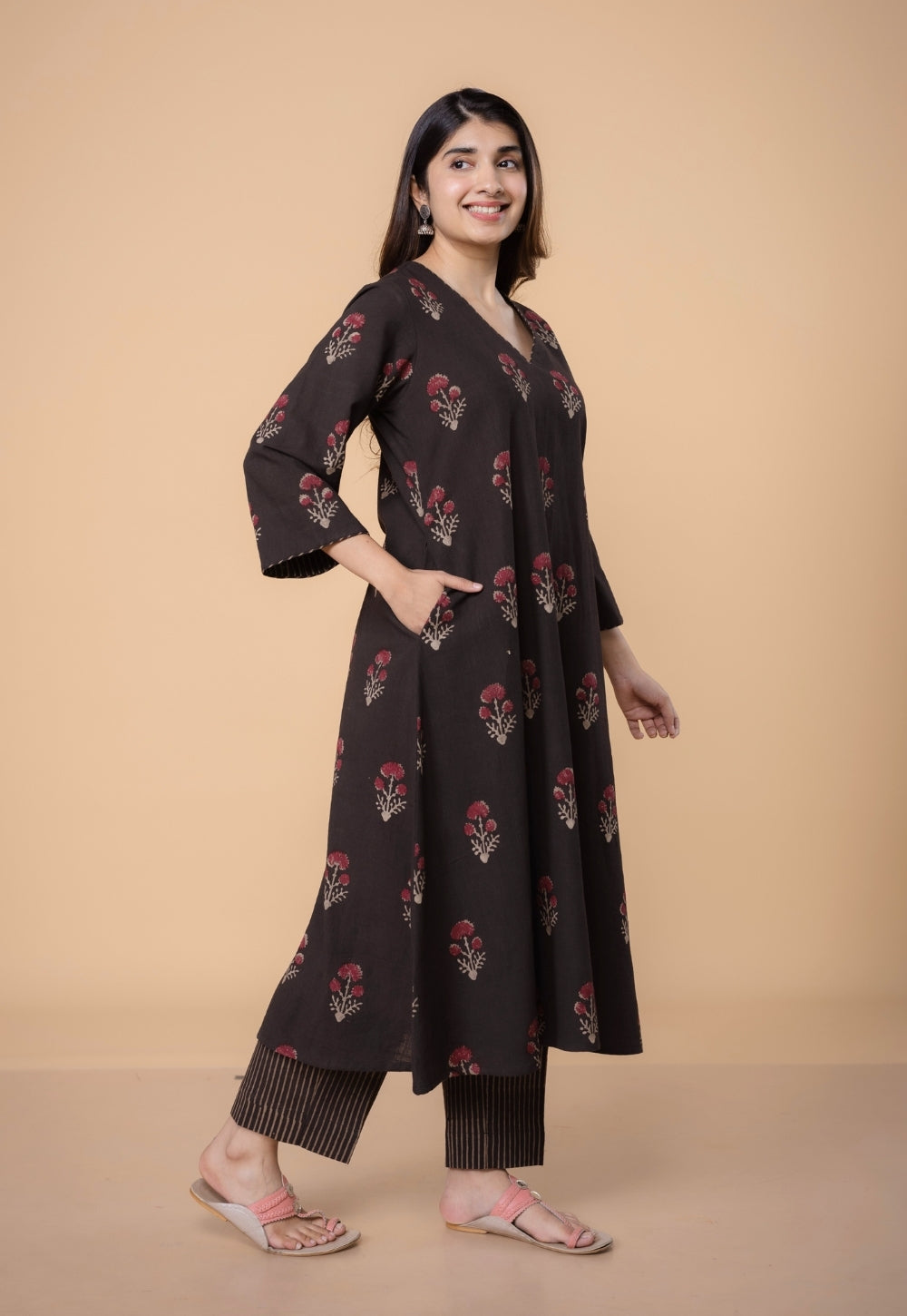 Shrusti Brown Dabu Slub Cotton A Line Kurta Set (Set of 2)