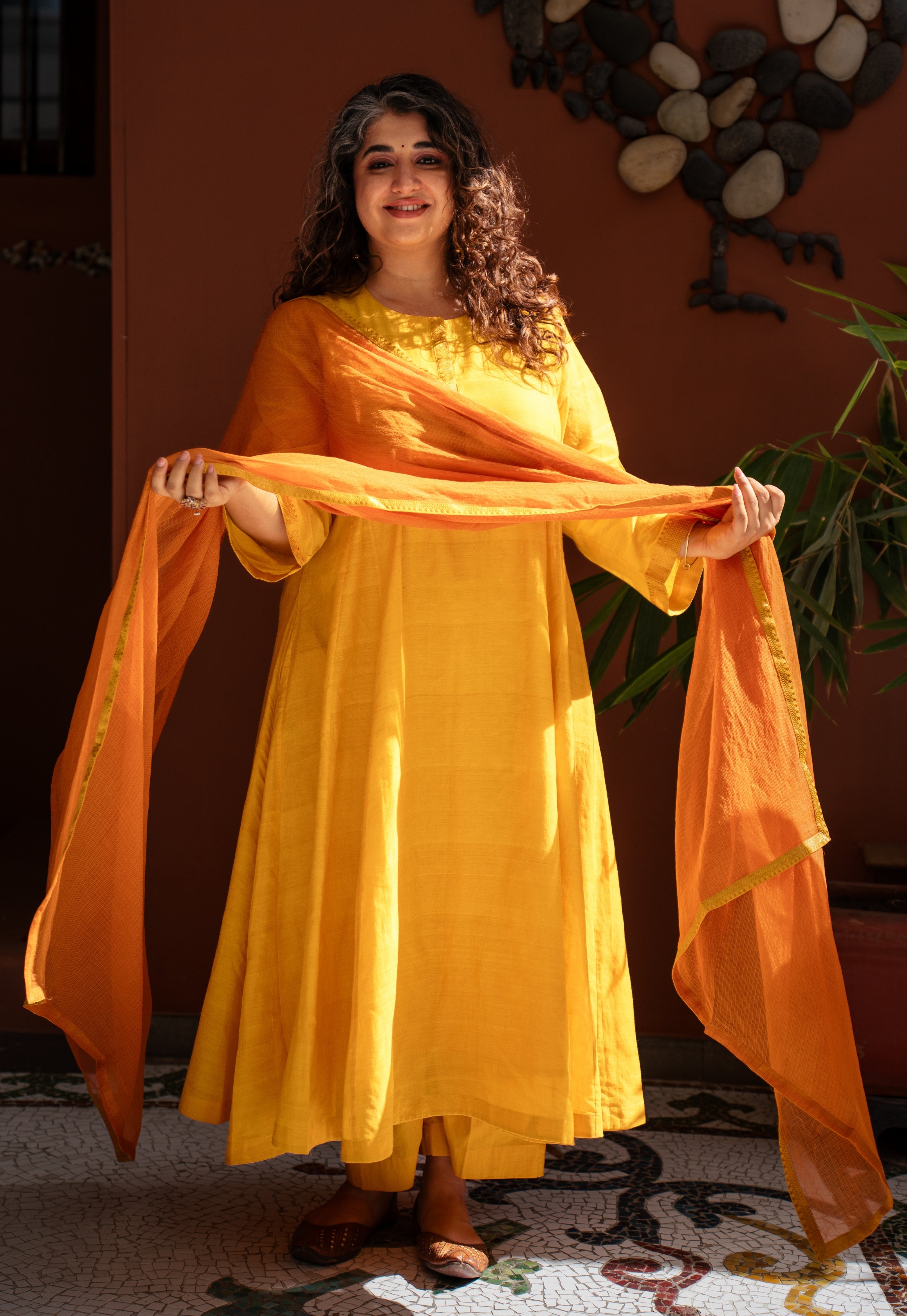 Rust Orange Solid Kota Doria Cotton Dupatta with Mangalgiri Border