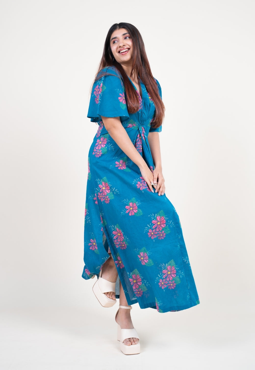 Nitya Ink Blue Printed Mul A Line Dress with Slip