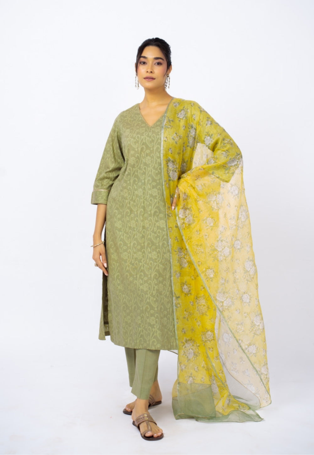 Piya Green Floral Cotton Straight Kurta Suit Set with Printed Dupatta (Set of 3)