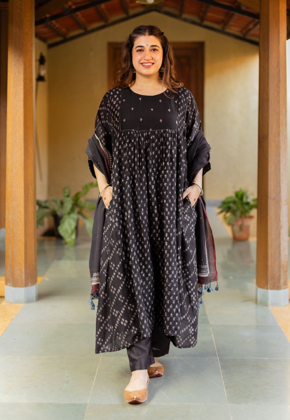 Melina Black Ajrakh Chanderi Silk Jhabbha Kali Kurta with Hand Embroidery