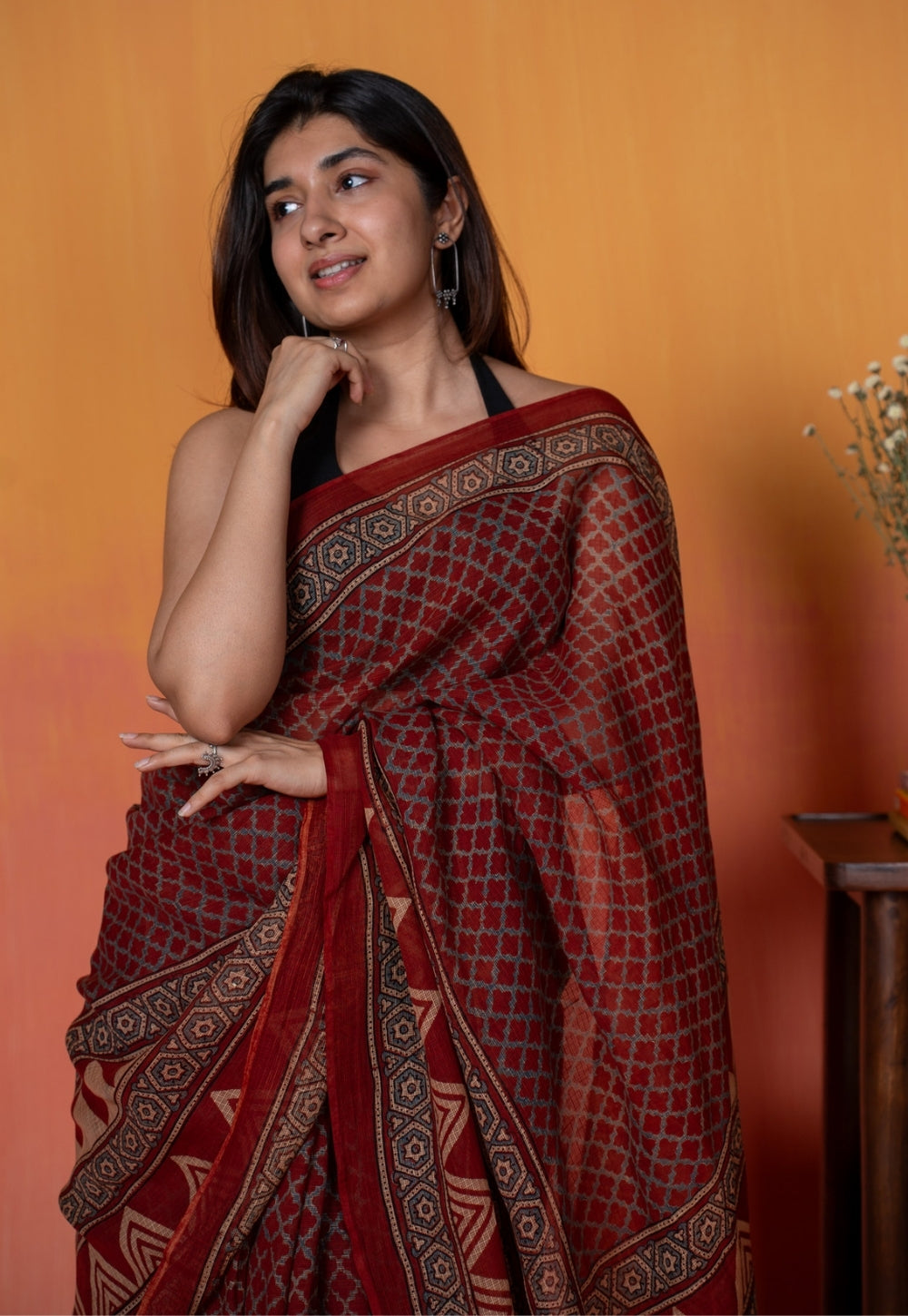 Red Geometric Ajrakh Hand Block Print Kota Doria Cotton Saree