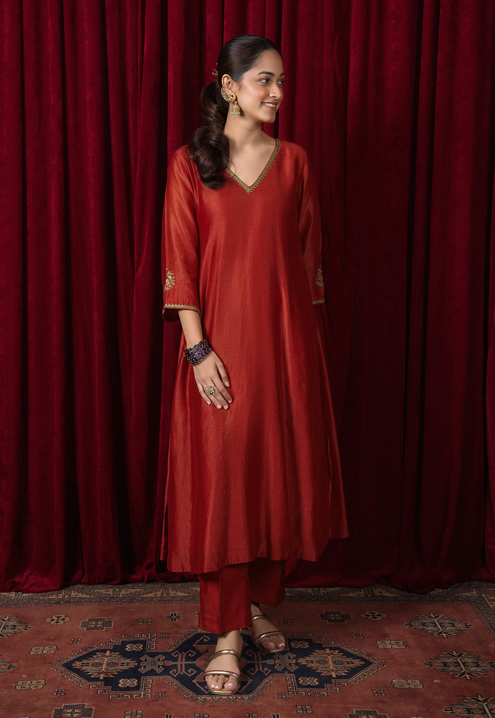 Amita Red Solid Chanderi Silk A Line kurta with Hand Embroidery