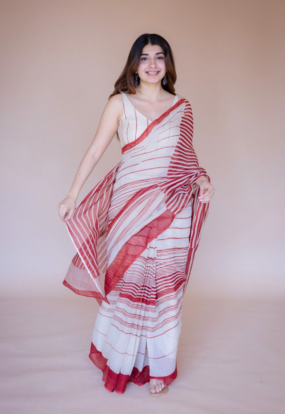 Off White Stripe Ajrakh Hand Block Print Kota Doria Cotton Saree