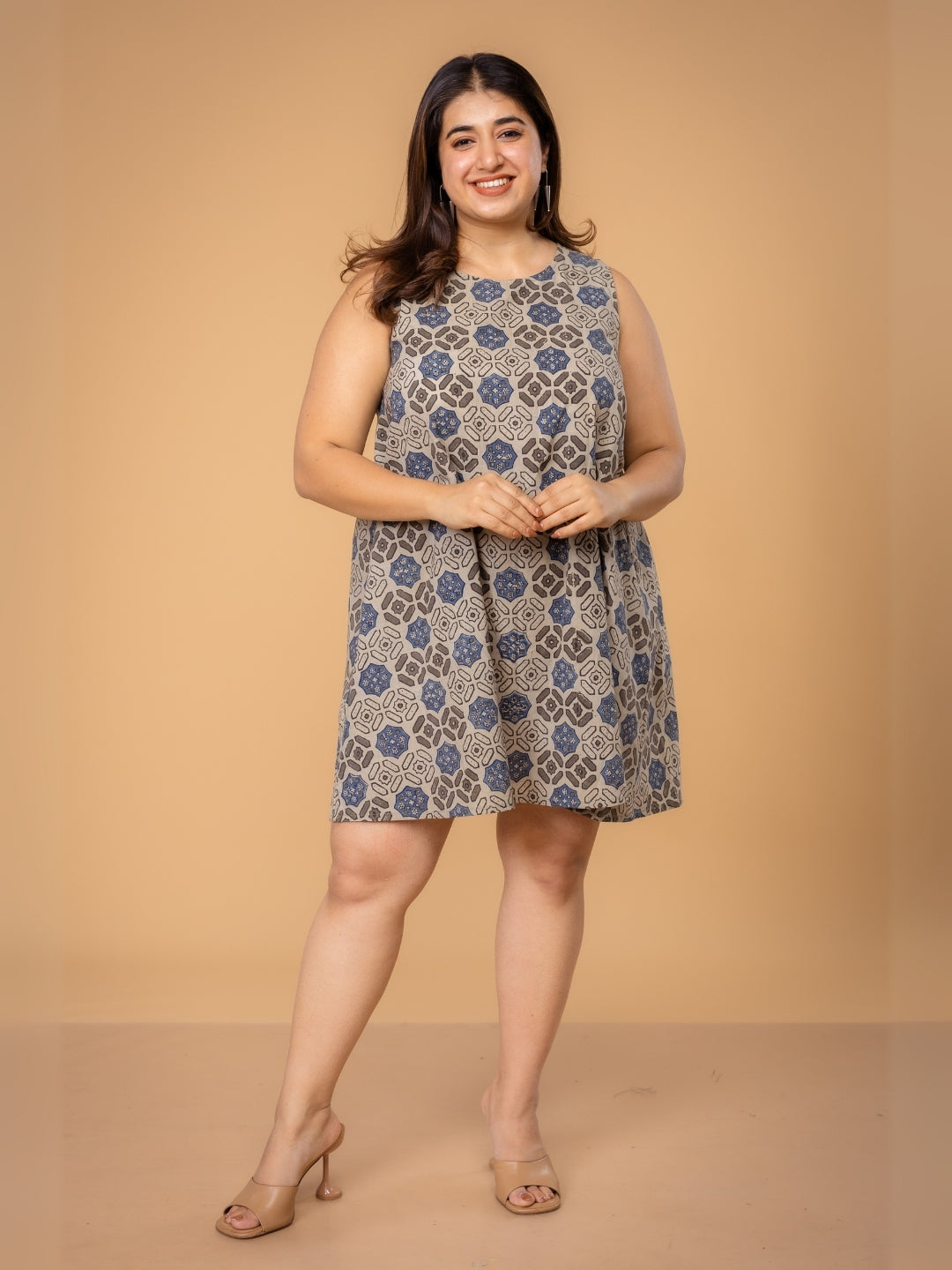 Inam Grey Ajrakh Cotton A Line Dress
