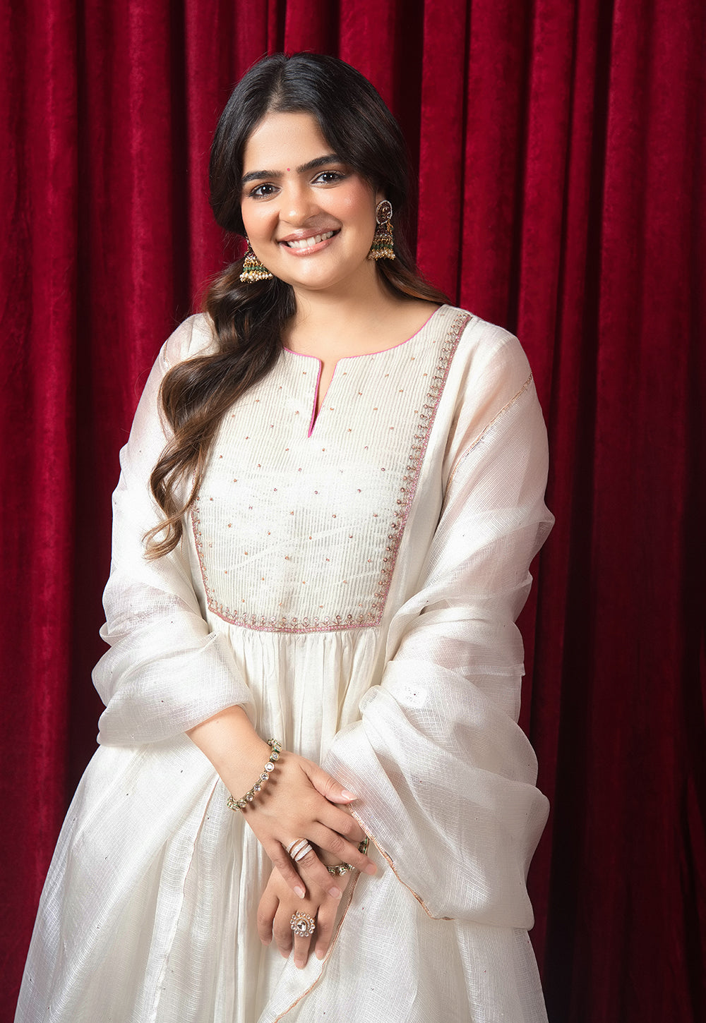 White Solid Kota Doria Silk Dupatta with Mukaish Embrodiery
