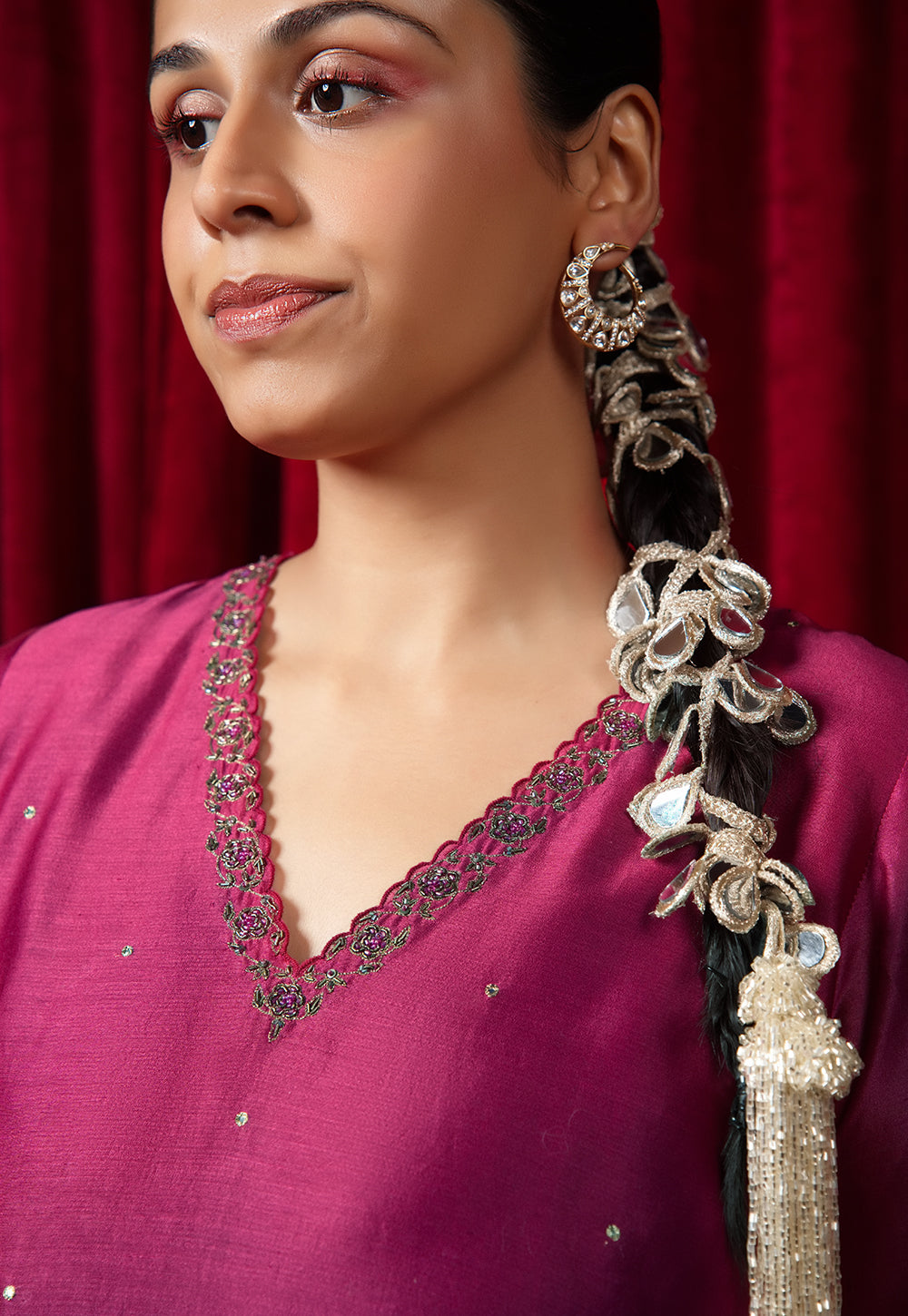 Avisha Pink Solid Chanderi Straight Kurta with Hand Embroidery