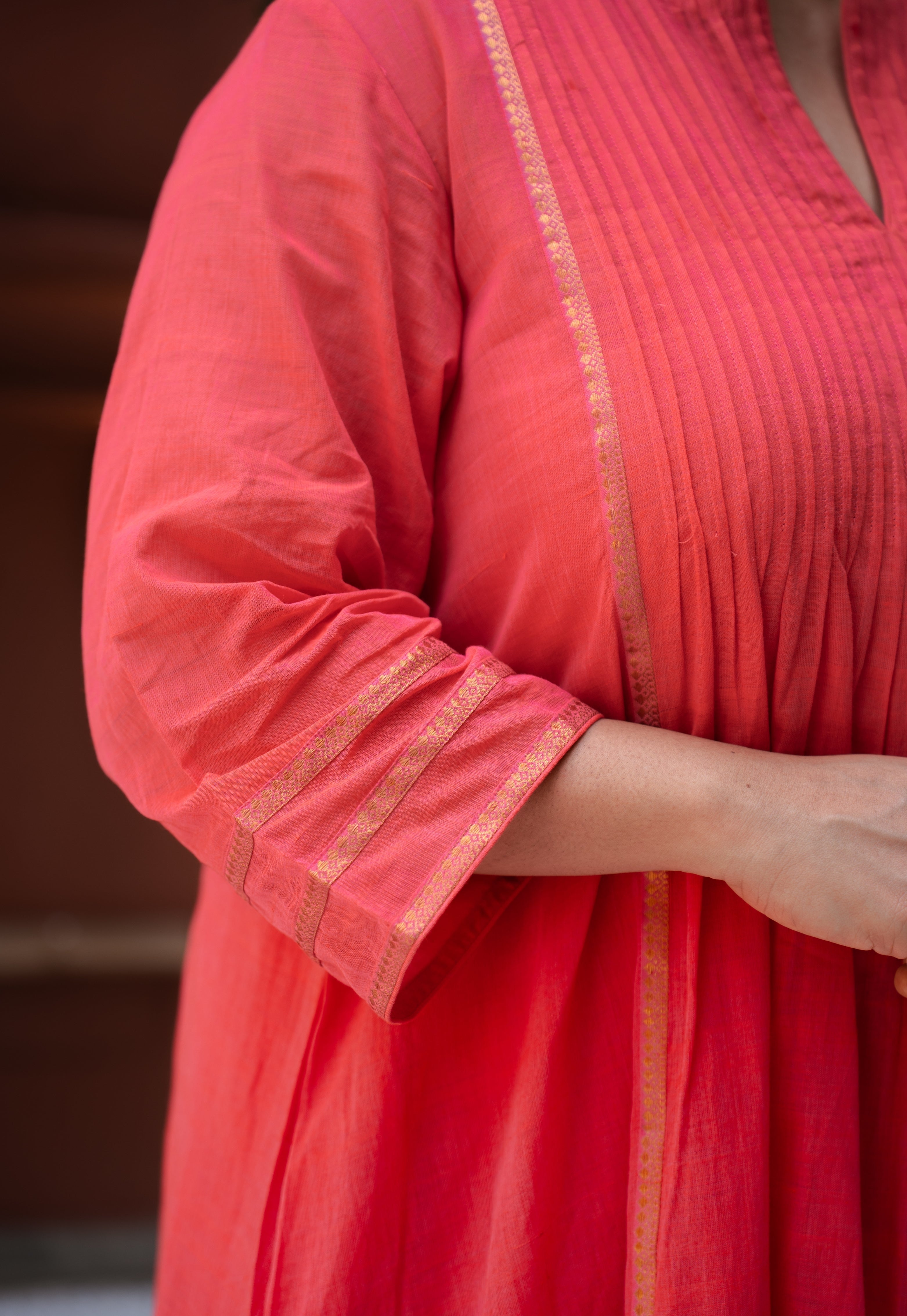 Ruhza Orange Mangalgiri Cotton Kali Kurta with Nizam Border