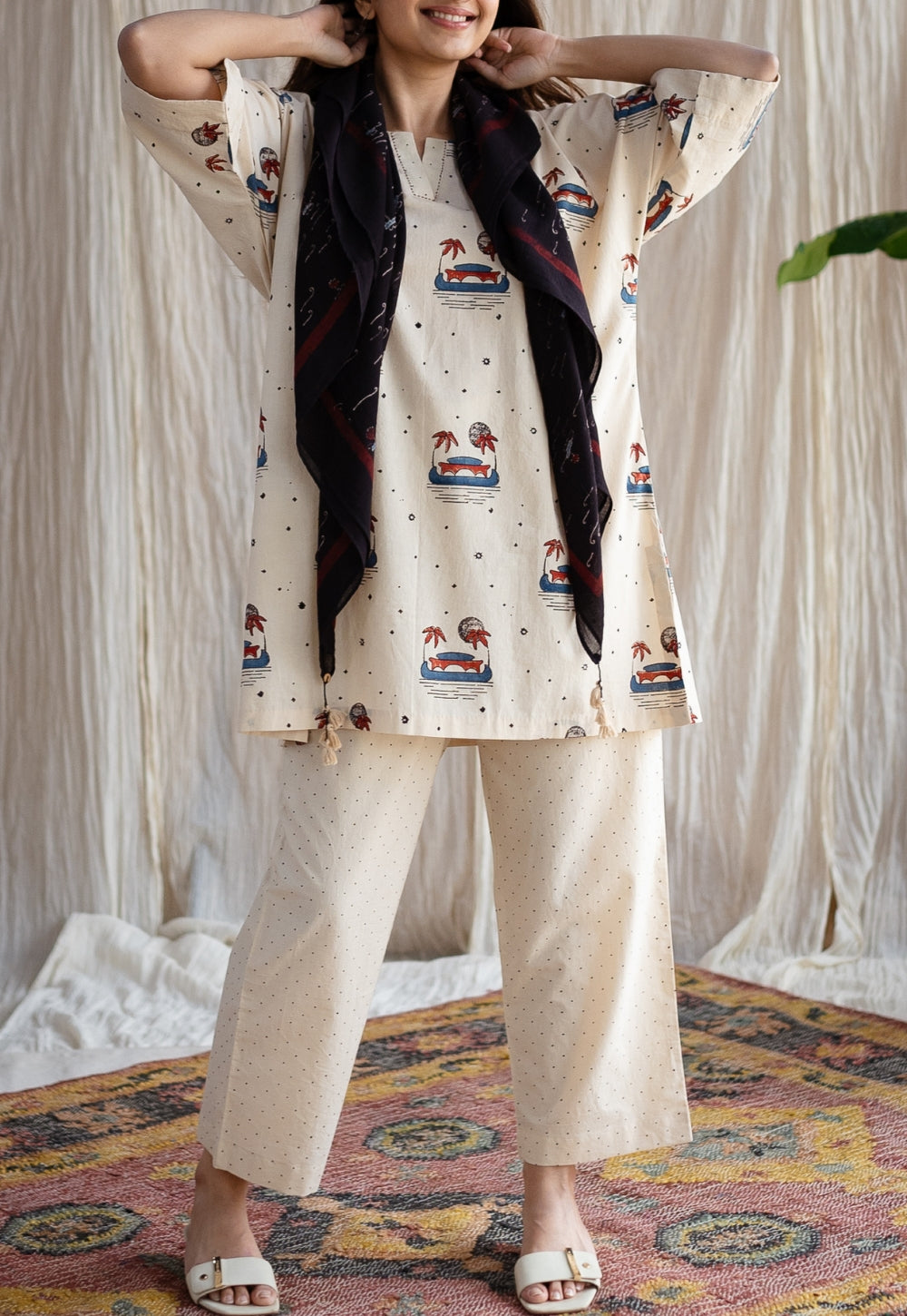 Black Lake Ajrakh Hanblock Printed MulMul Scarf