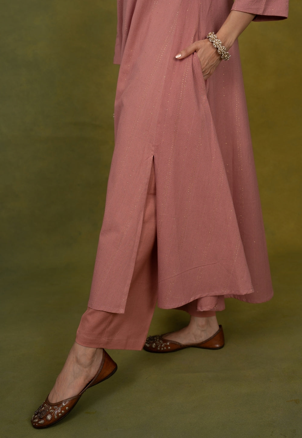 Eram Pink Rogan Handblock Printed Cotton Kali Kurta Suit Set (Set of 3)