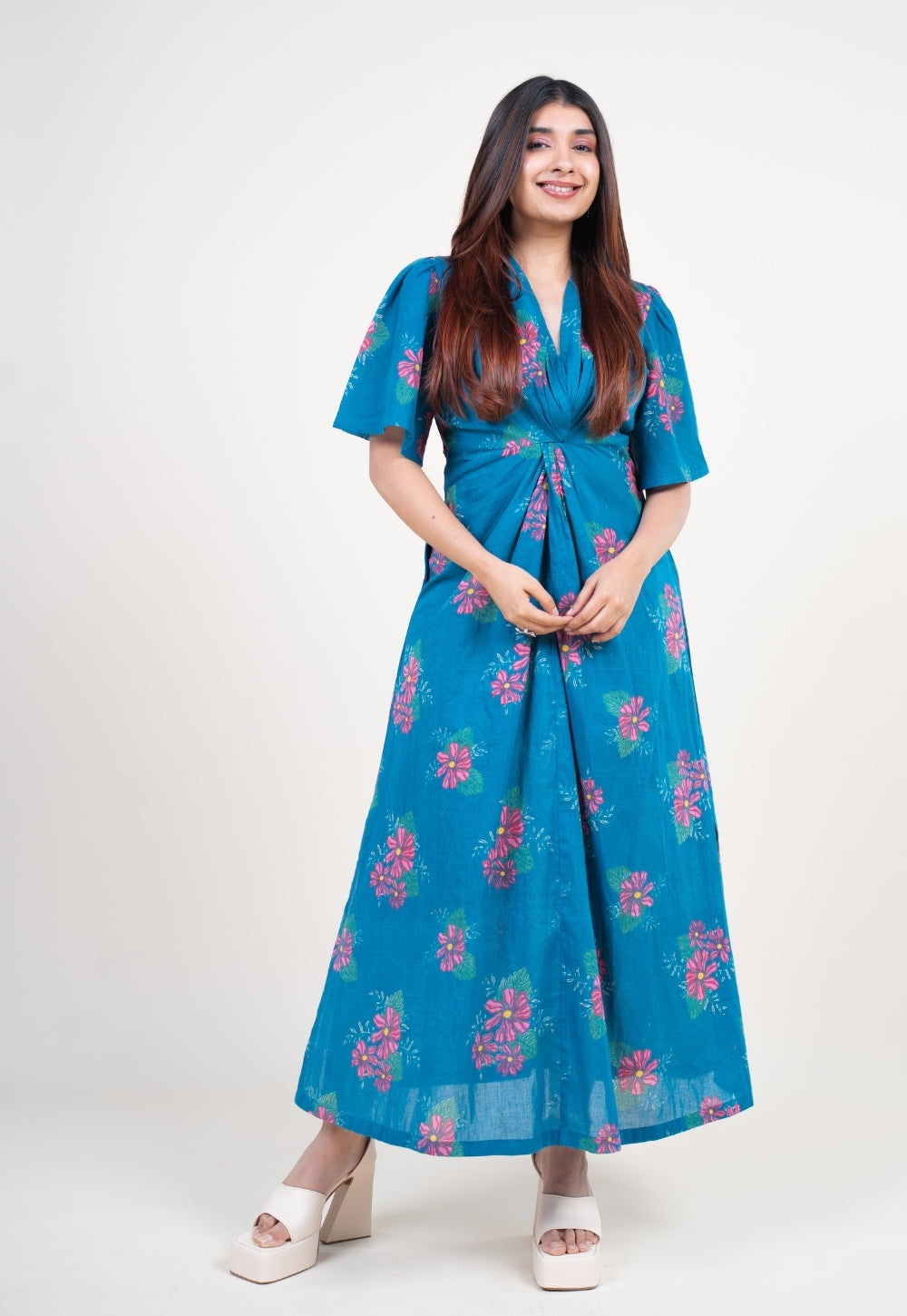 Nitya Ink Blue Printed Mul A Line Dress with Slip