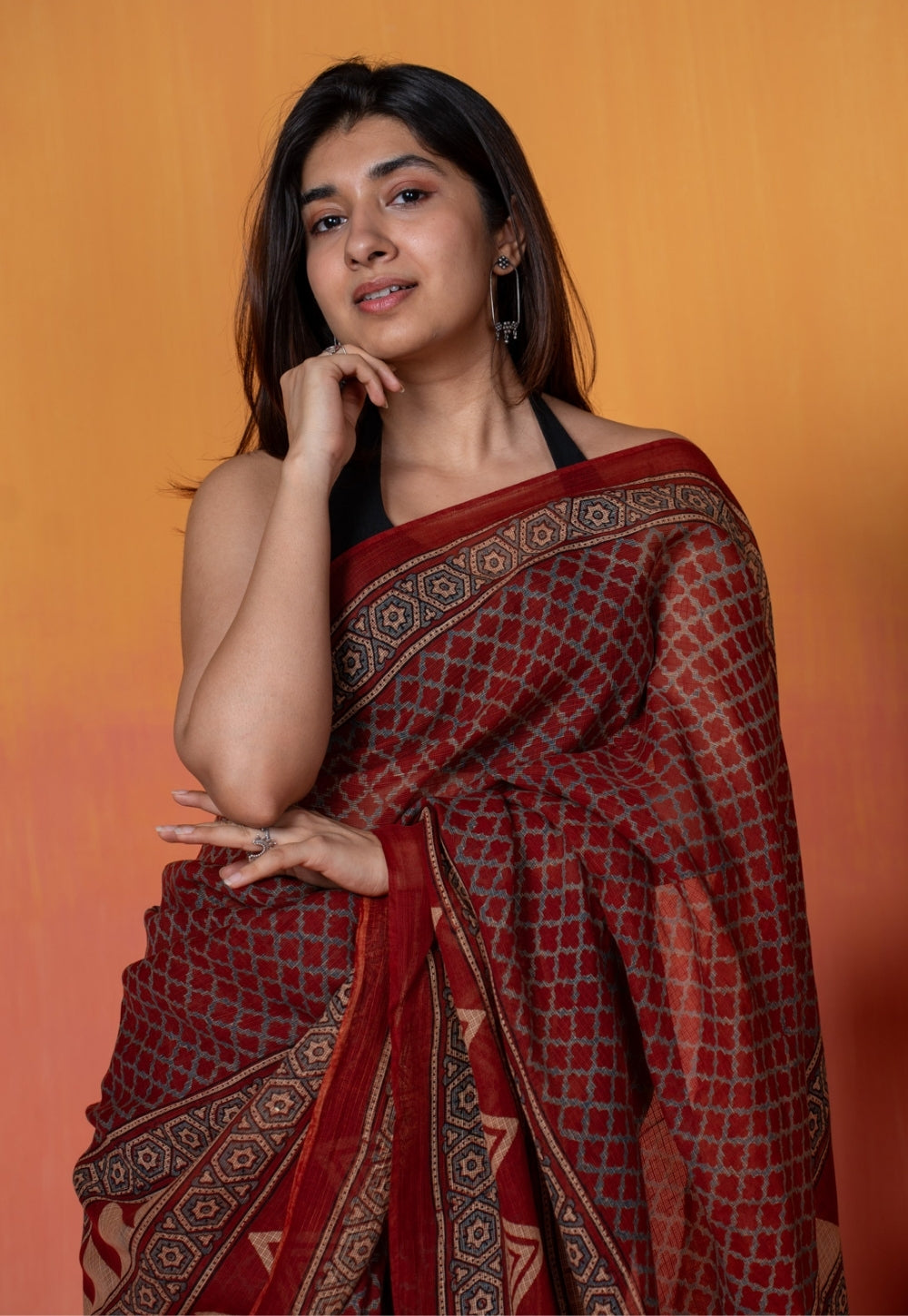 Red Geometric Ajrakh Hand Block Print Kota Doria Cotton Saree