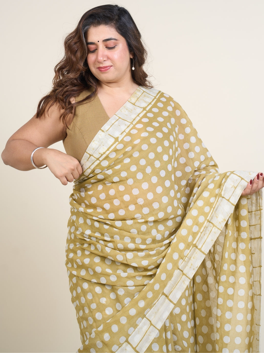 Madiha Green Batik Hand Block Print Mul Cotton Saree with Embroidery