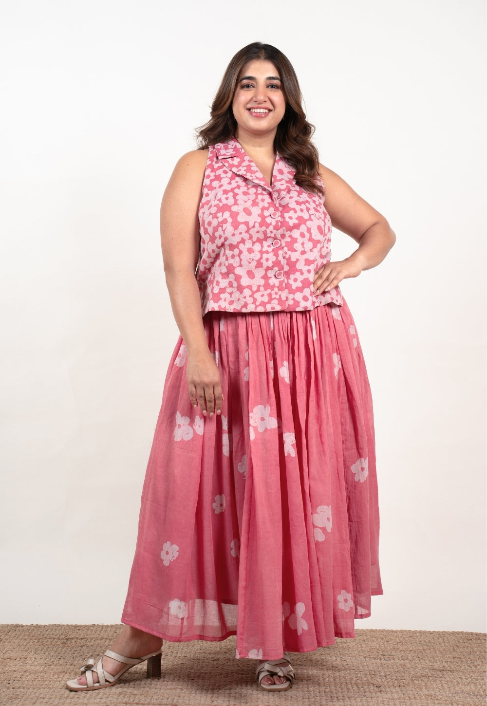 Ishani Pink Batik MulMul Straight Waistcoat Top and Skirt (Set of 2)