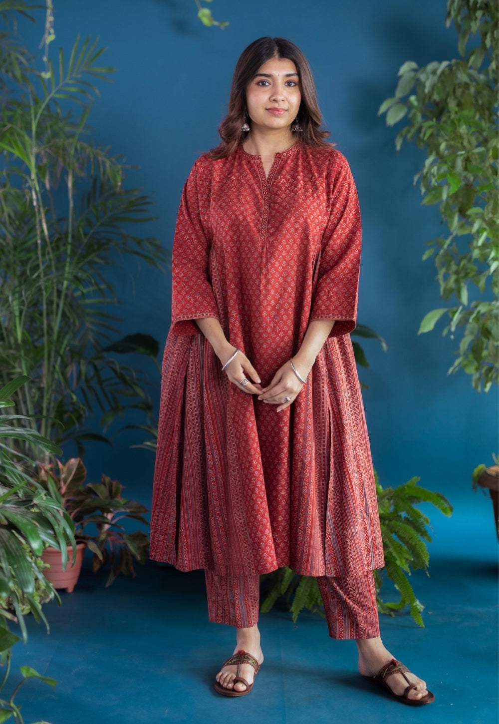 Athira Red Ajrakh Cotton Kali Kurta