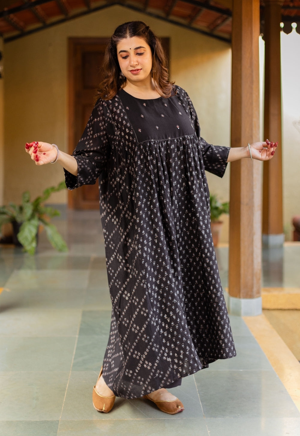 Melina Black Ajrakh Chanderi Silk Jhabbha Kali Kurta with Hand Embroidery
