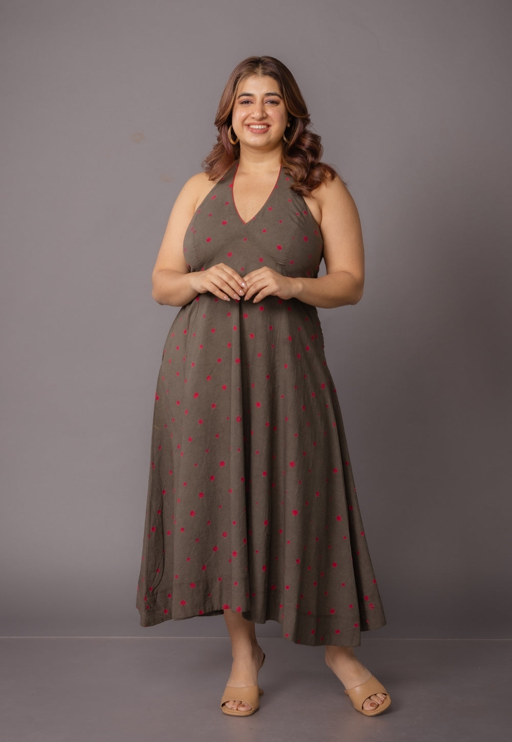 Priti Grey Bandhani Cotton A Line Dress
