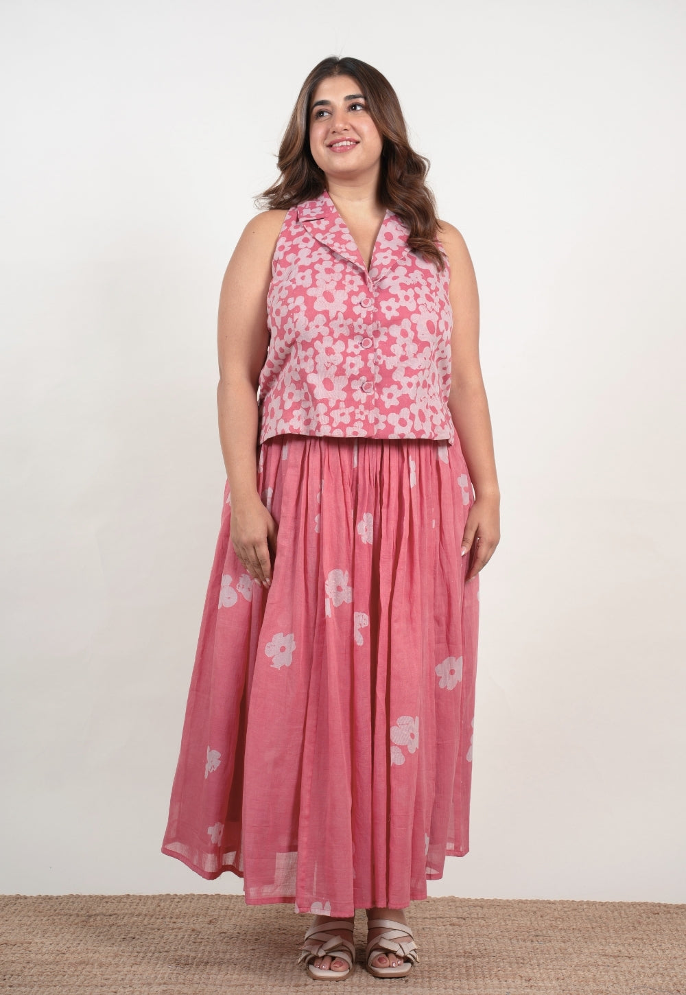 Ishani Pink Batik MulMul Straight Waistcoat Top