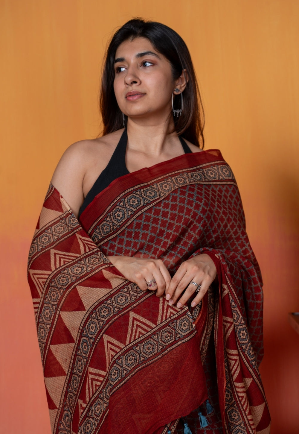 Red Geometric Ajrakh Hand Block Print Kota Doria Cotton Saree