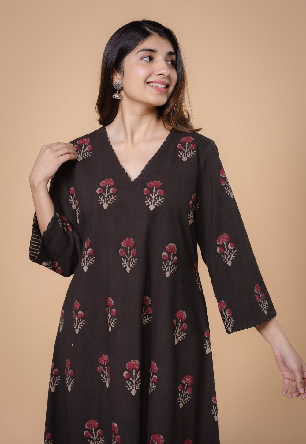 Shrusti Brown Dabu Slub Cotton A Line Kurta Set (Set of 2)