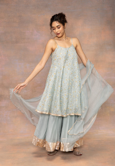 Rosalie Blue Sanganeri Chanderi Silk A Line Kurta with Lace Detailing