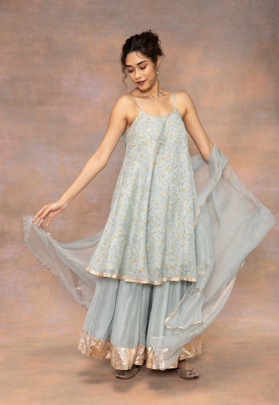 Rosalie Blue Sanganeri Chanderi Silk A Line Kurta with Lace Detailing