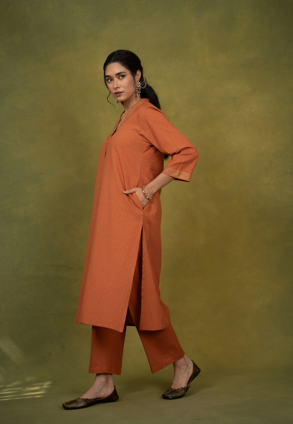 Sakhi Orange Rogan Handblock Printed Cotton Straight Kurta Suit Set (Set of 3)