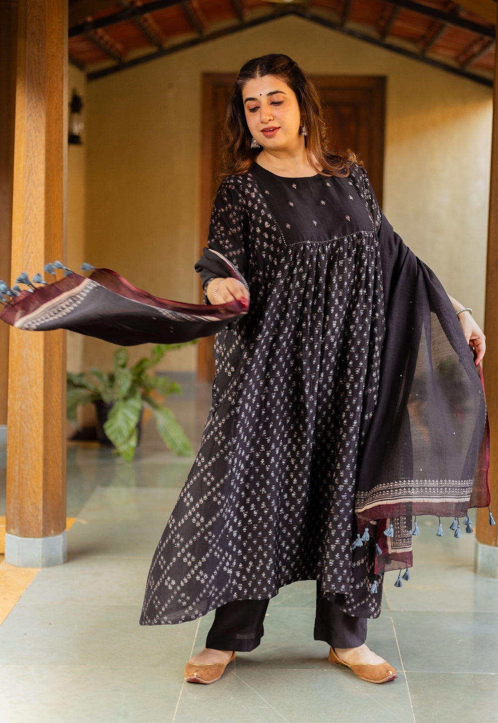 Melina Black Ajrakh Chanderi Silk Jhabbha Kali Kurta with Hand Embroidery