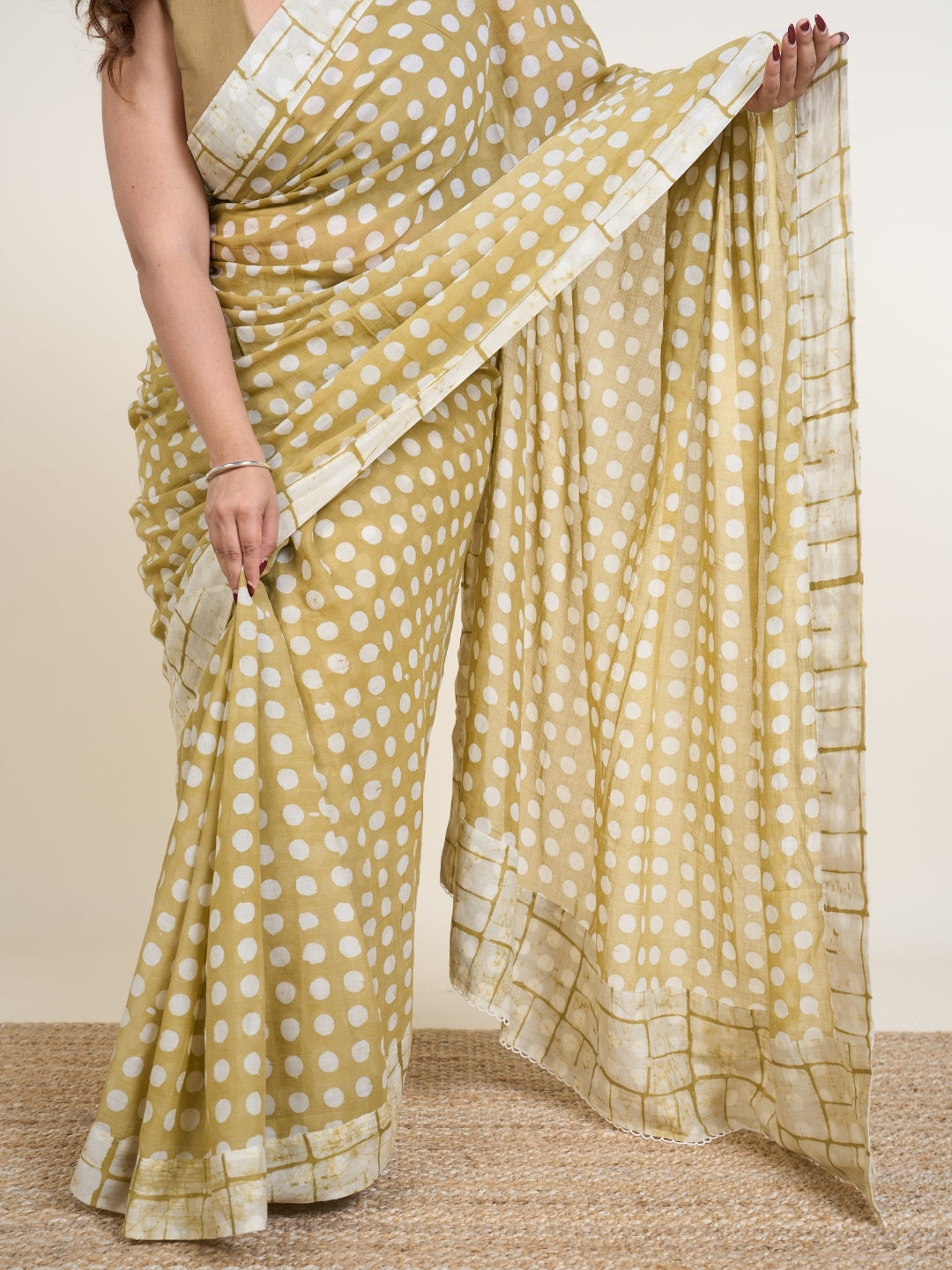 Madiha Green Batik Hand Block Print Mul Cotton Saree with Embroidery