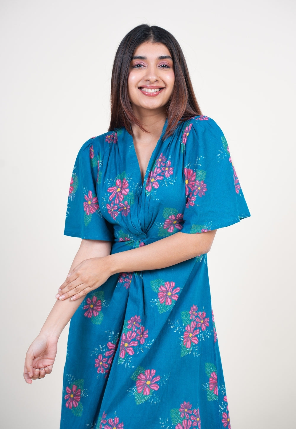 Nitya Ink Blue Printed Mul A Line Dress with Slip
