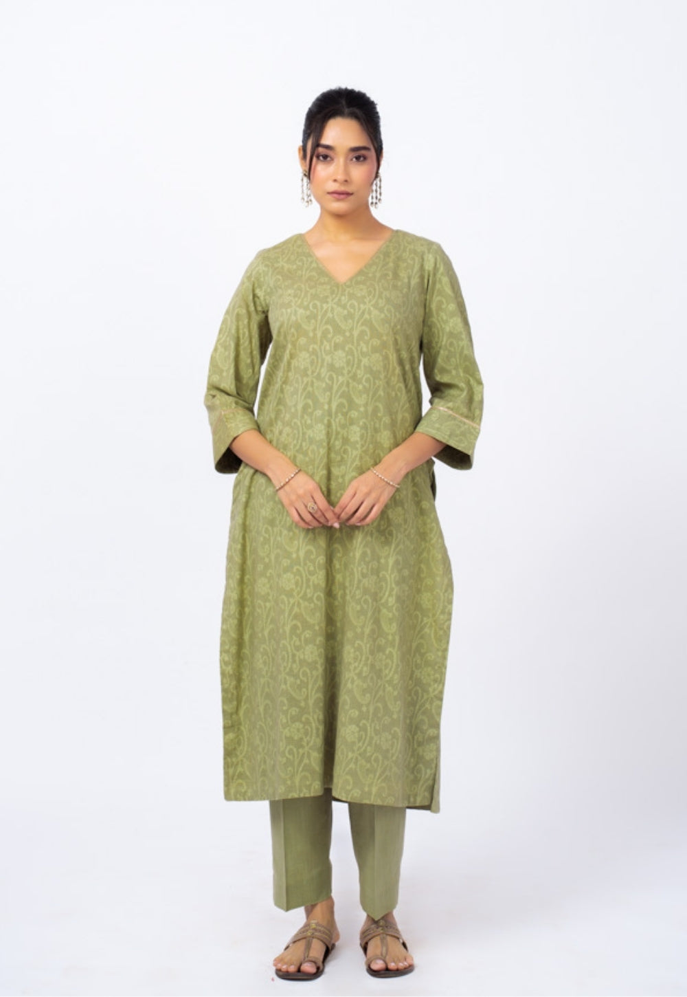 Piya Green Floral Cotton Straight Kurta Suit Set with Printed Dupatta (Set of 3)