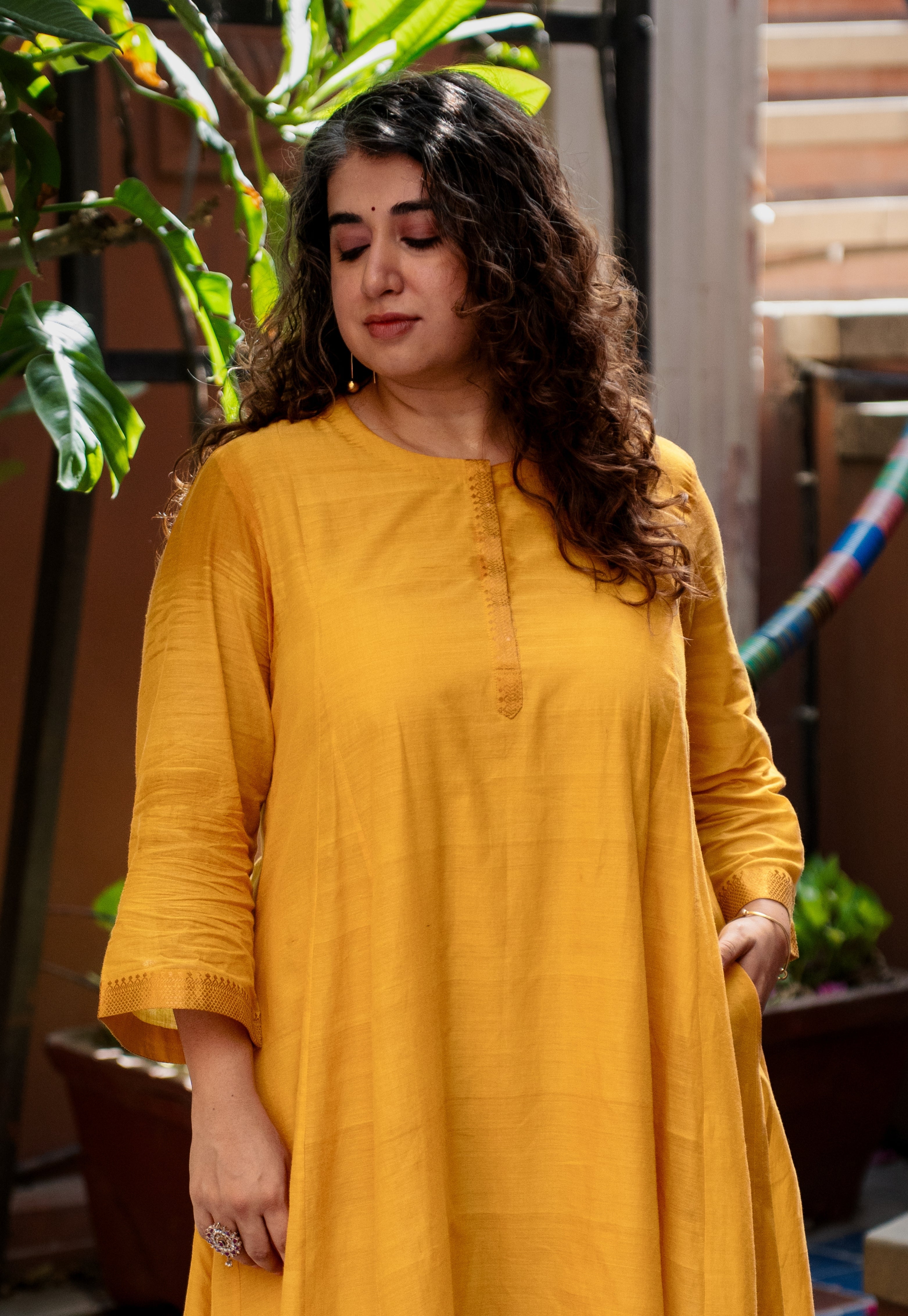 Sujata Yellow Mangalgiri Cotton Kali Kurta with Nizam Border