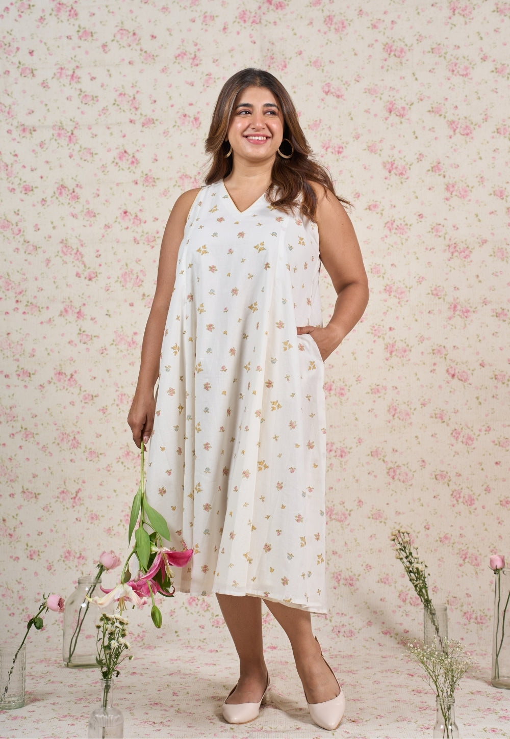 Sophia White Sanganeri Mul Cotton A Line Dress