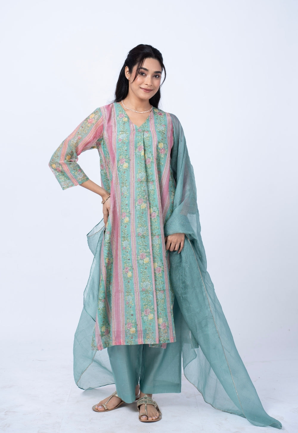 Raila Blue Sanganeri Chanderi Silk Straight Kurta