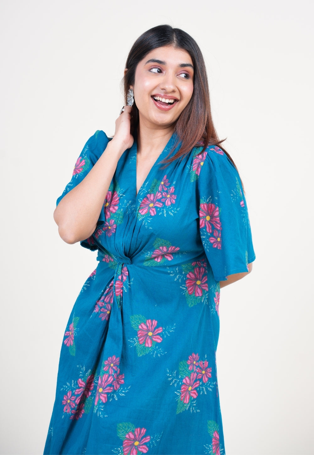 Nitya Ink Blue Printed Mul A Line Dress with Slip