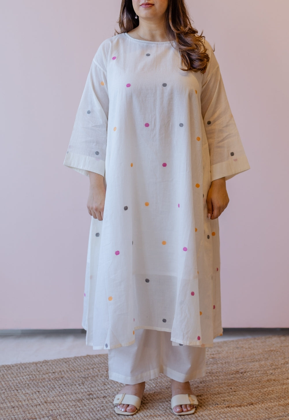 Kusum Off White Jamdani Handloom Cotton A Line Kurta