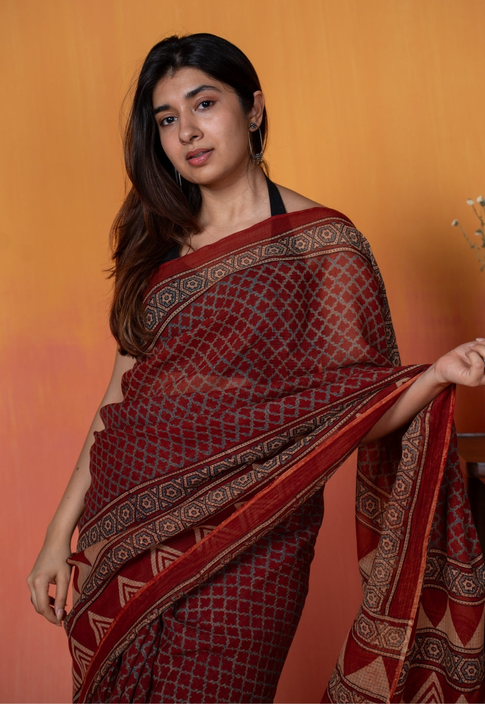 Red Geometric Ajrakh Hand Block Print Kota Doria Cotton Saree