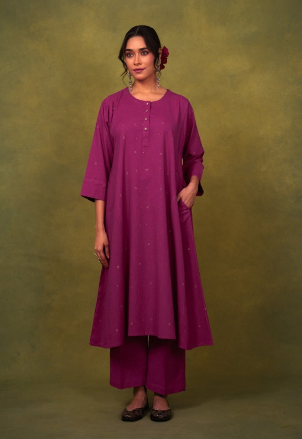 Alizah Pink Rogan Handblock Printed Cotton Jhabbha Kali Suit Set (Set of 3)