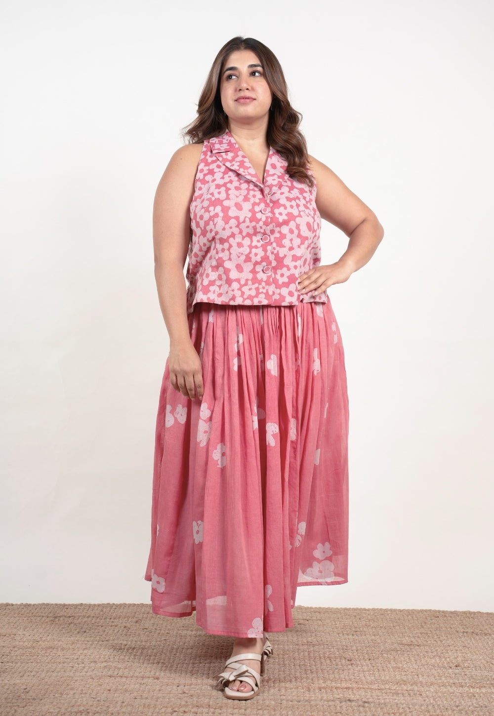 Ishani Pink Batik MulMul Straight Waistcoat Top and Skirt (Set of 2)