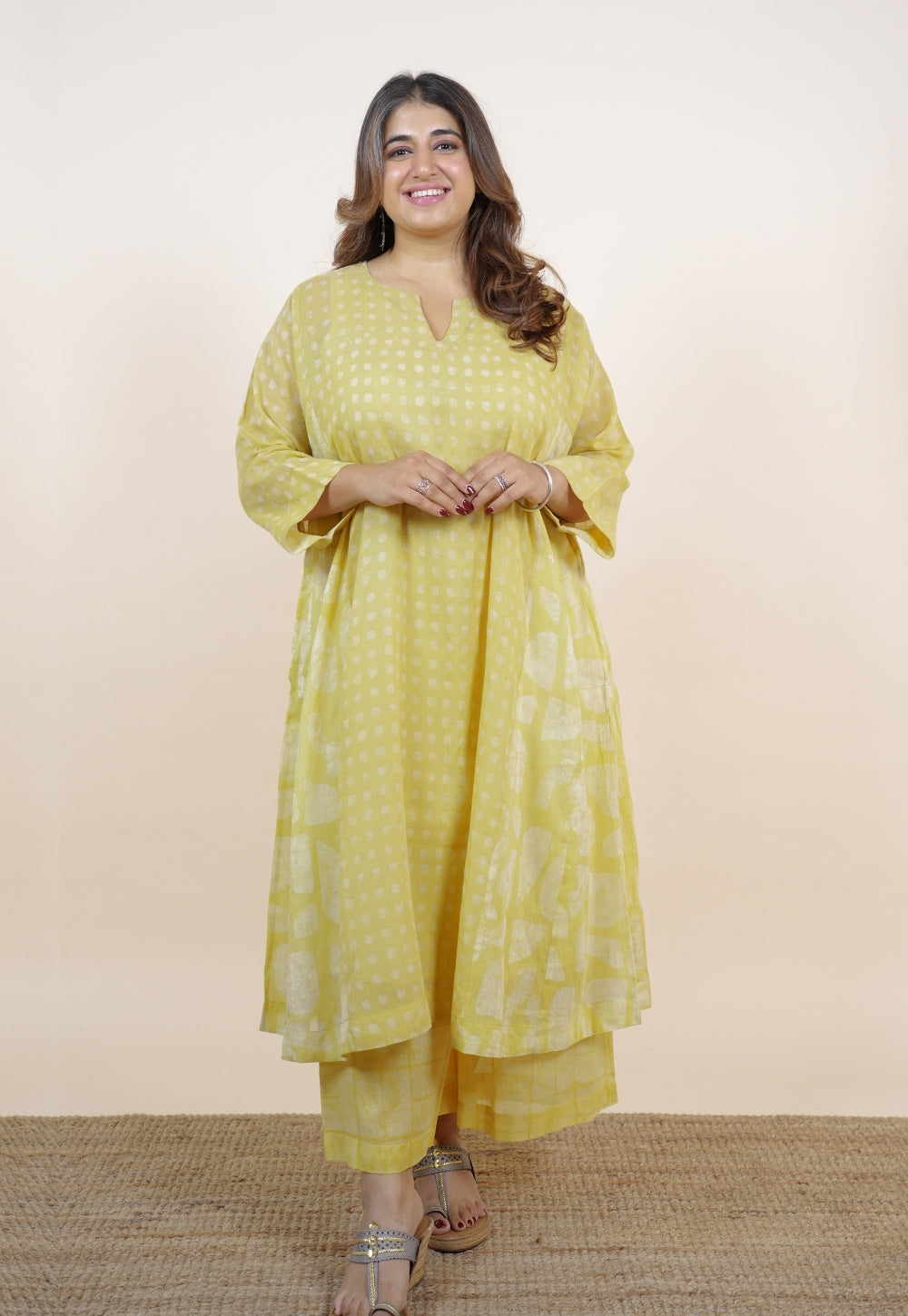 Fara Yellow Batik MulMul Jhabbha Kali Kurta