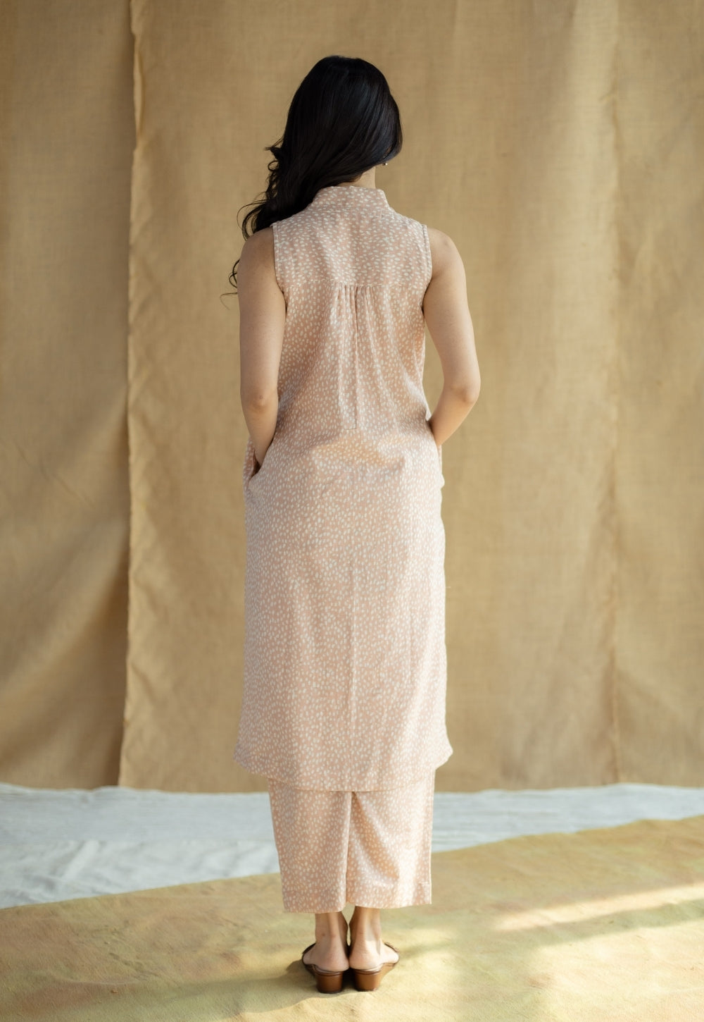 Alia Peach Hand Block Print Slub Cotton A Line Kurta