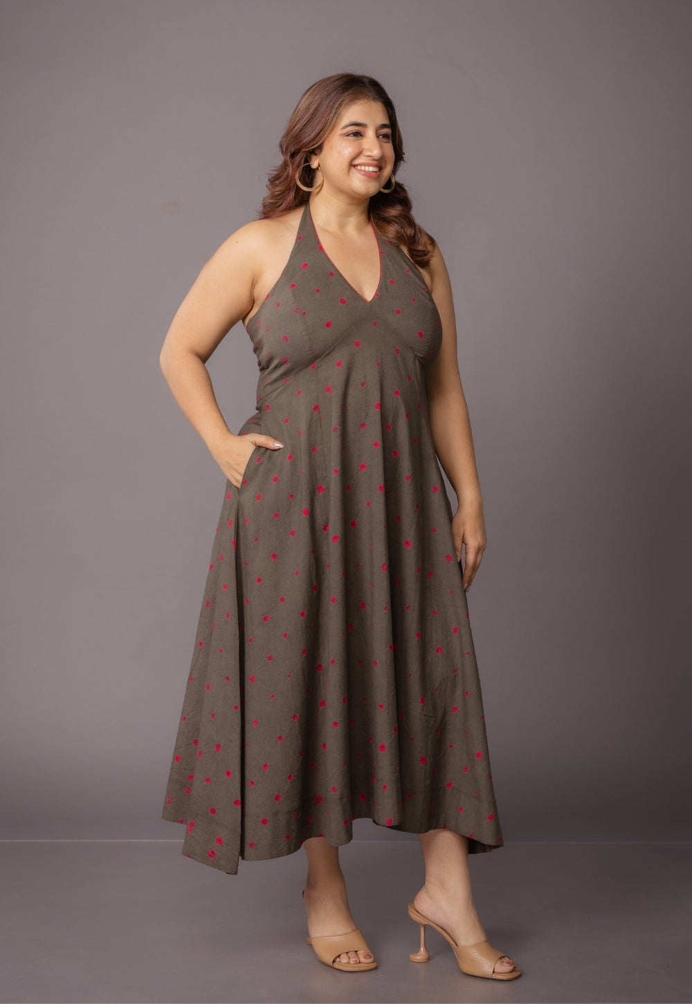 Priti Grey Bandhani Cotton A Line Dress