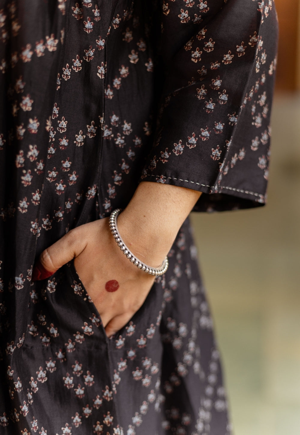 Melina Black Ajrakh Chanderi Silk Jhabbha Kali Kurta with Hand Embroidery
