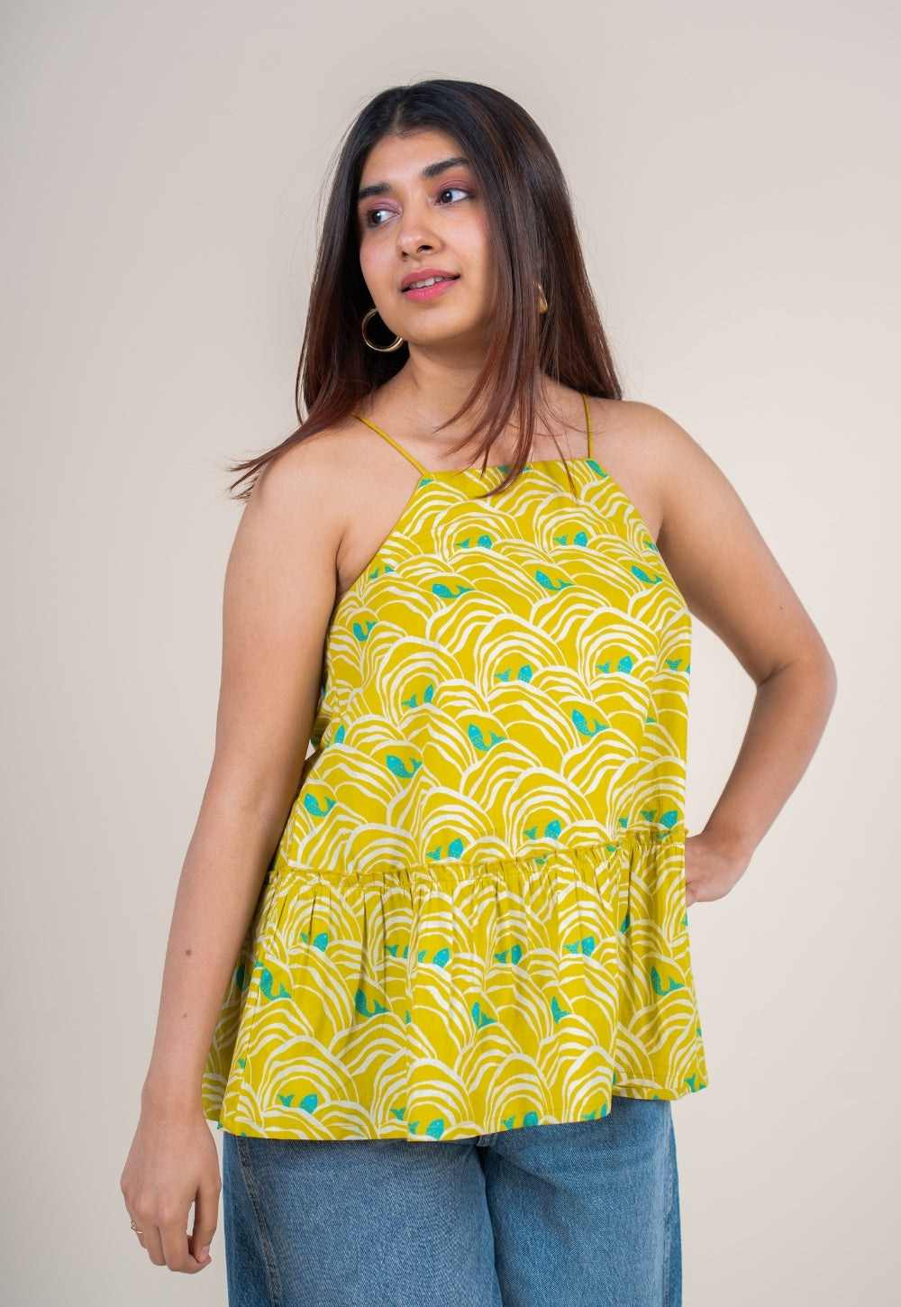Sarya Lime Green Printed Cotton A Line Short Top
