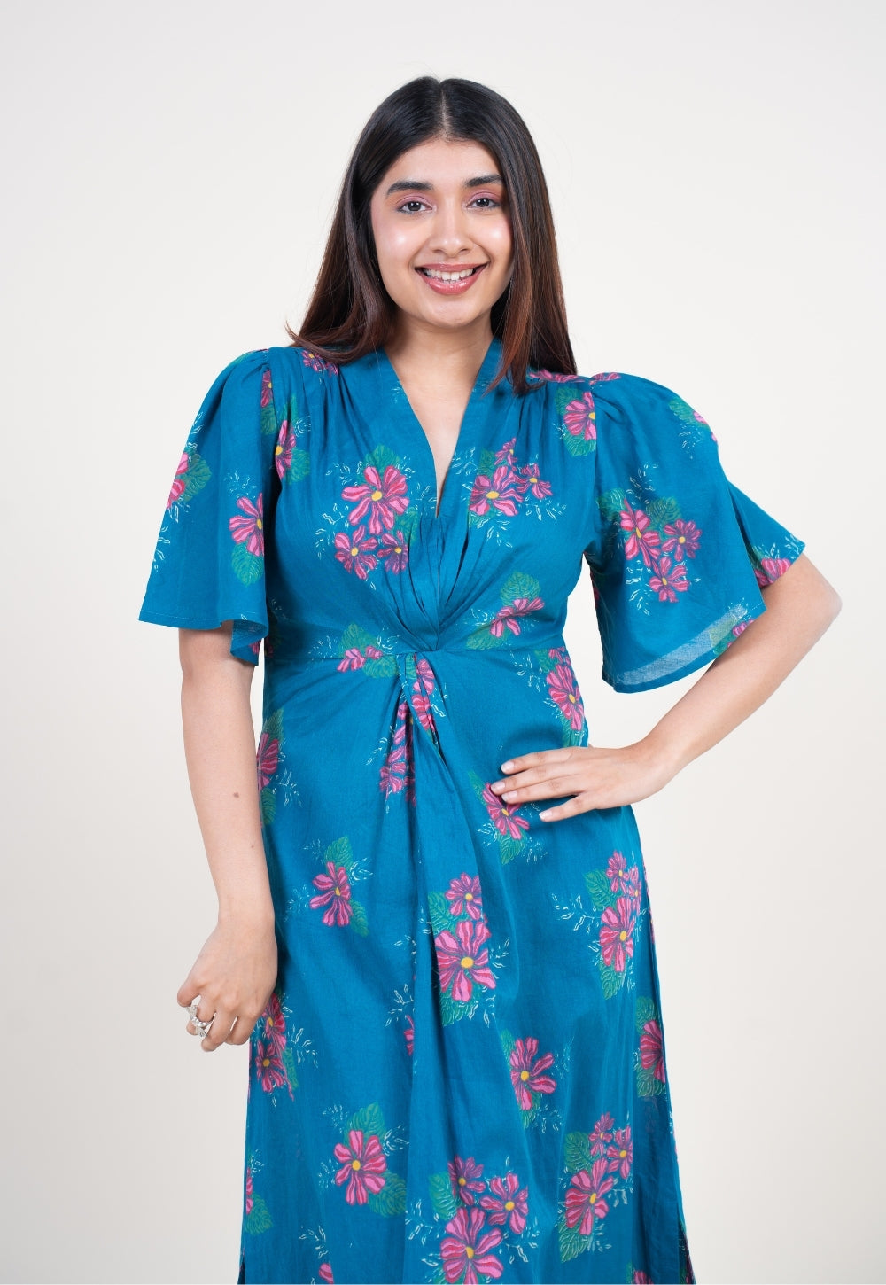 Nitya Ink Blue Printed Mul A Line Dress with Slip
