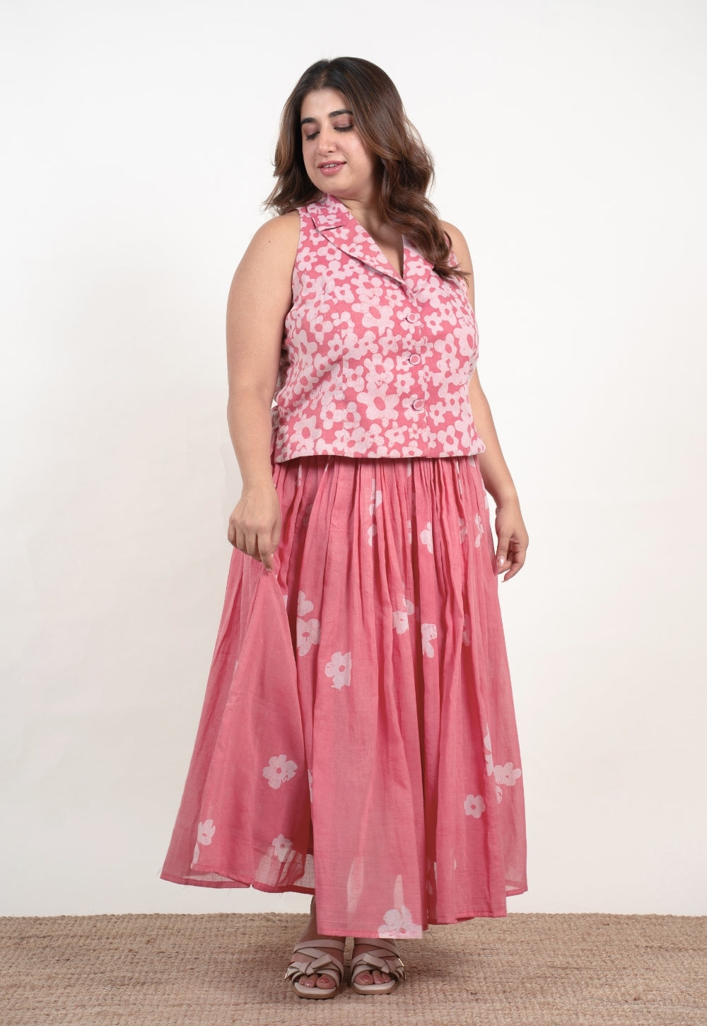 Ishani Pink Batik MulMul Straight Waistcoat Top