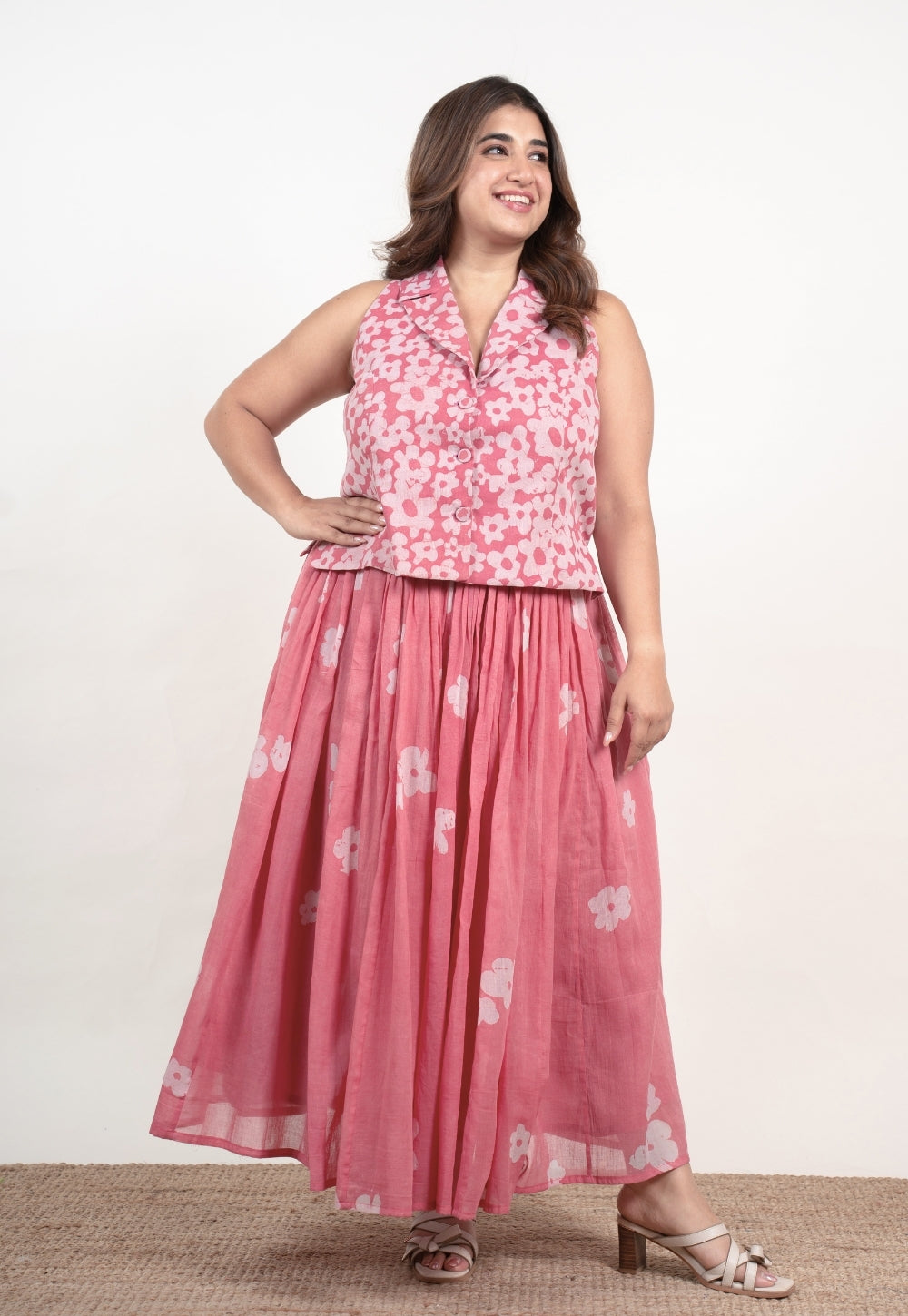 Ishani Pink Batik MulMul Straight Waistcoat Top and Skirt (Set of 2)