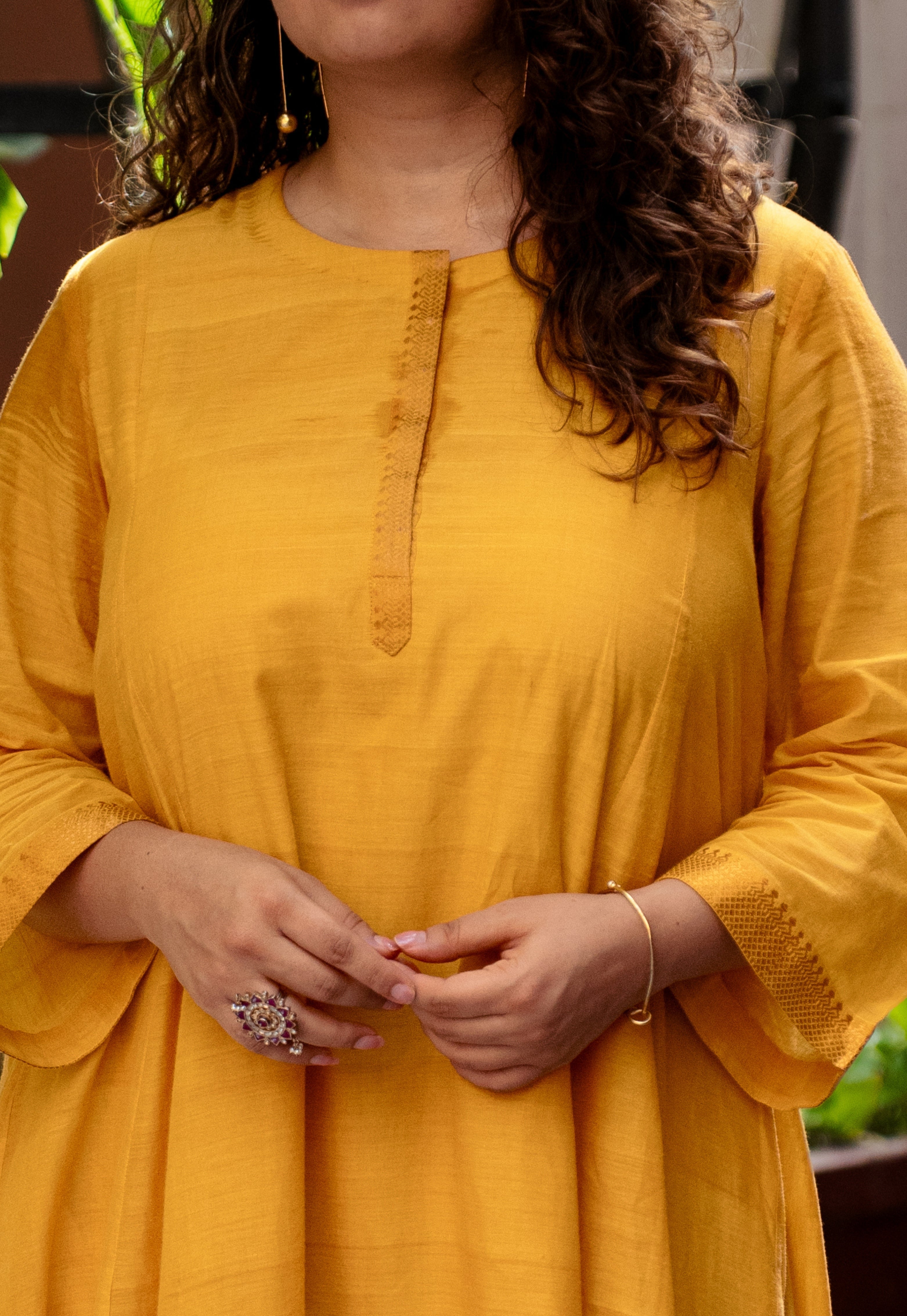 Sujata Yellow Mangalgiri Cotton Kali Kurta with Nizam Border
